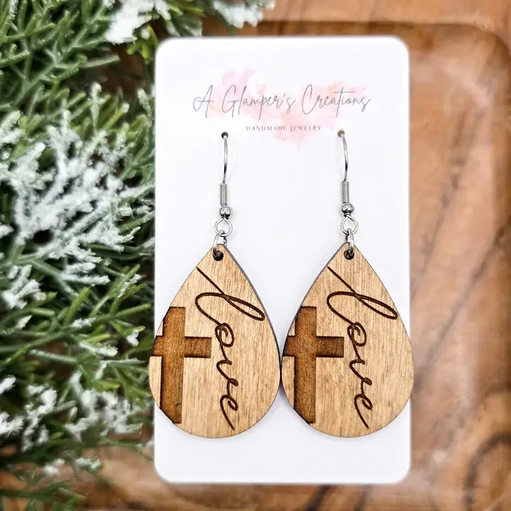 Cross Birch Wood Teardrop Earrings