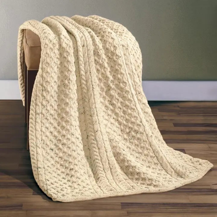 Aran Honeycomb Knit Wool Throw Blanket