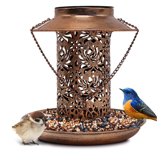 Hoomaze Birdy Solar Wrought Iron Bird Feeder with Light
