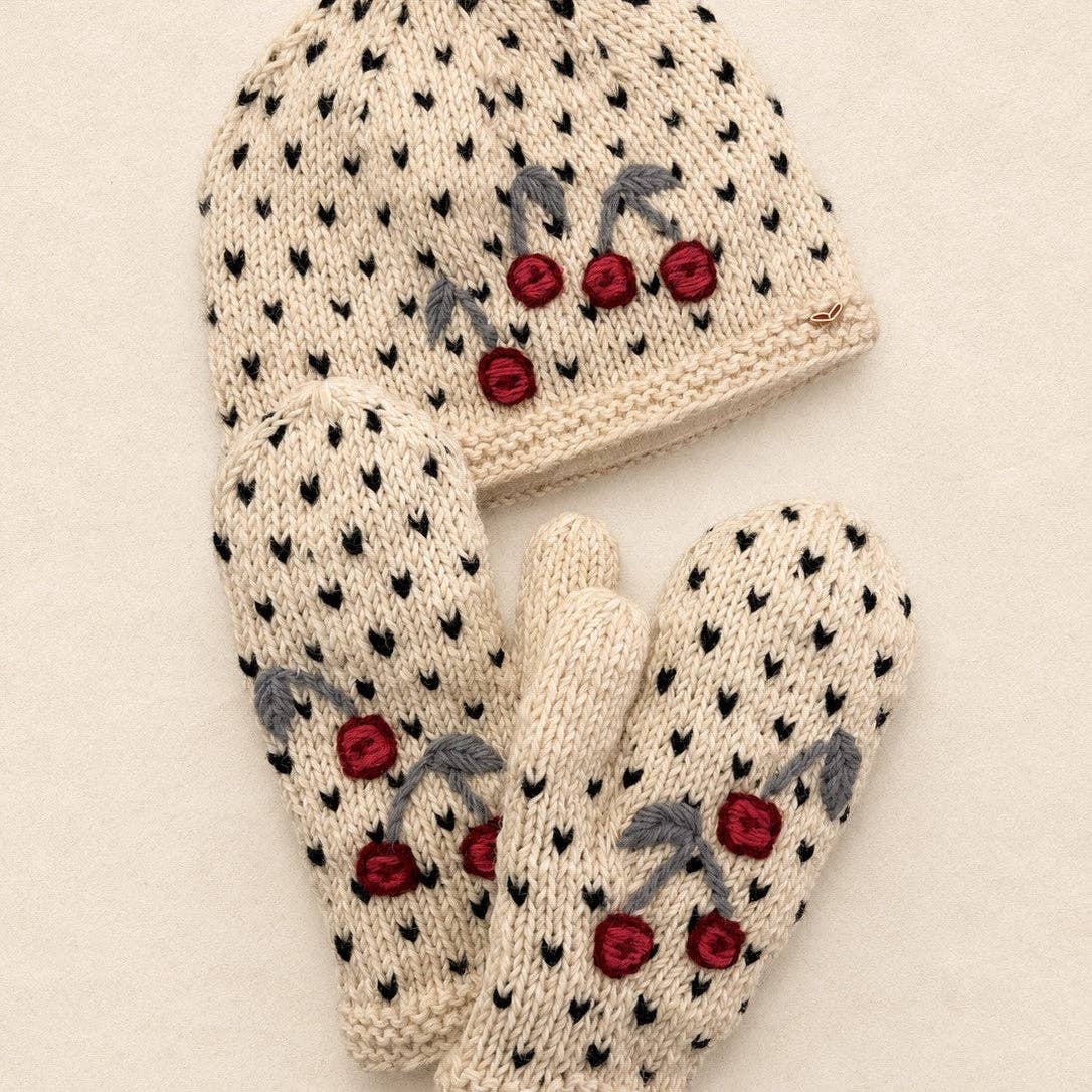 Cherry Hand-Embroidered Wool Mittens with Fleece Lining