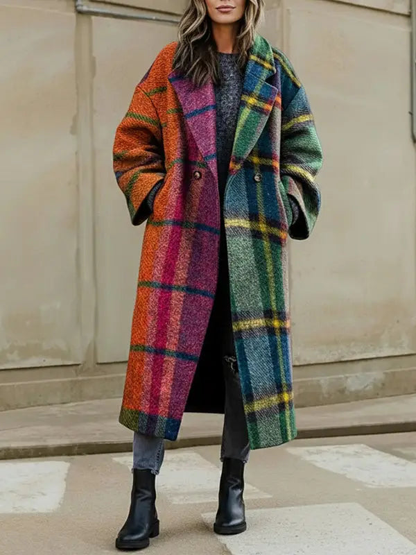 Contrast Plaid Lapel Woolen Coat