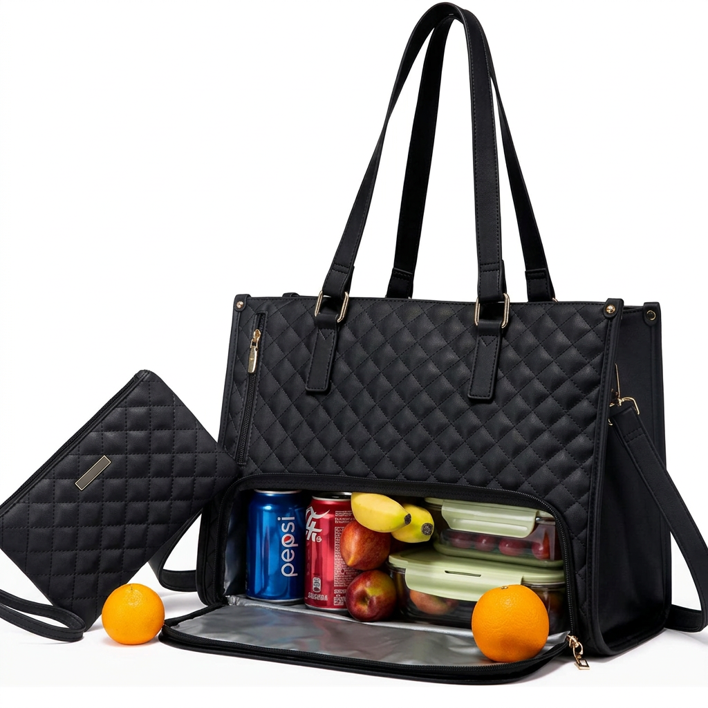 Leather Tote Bag with Lunch Storage