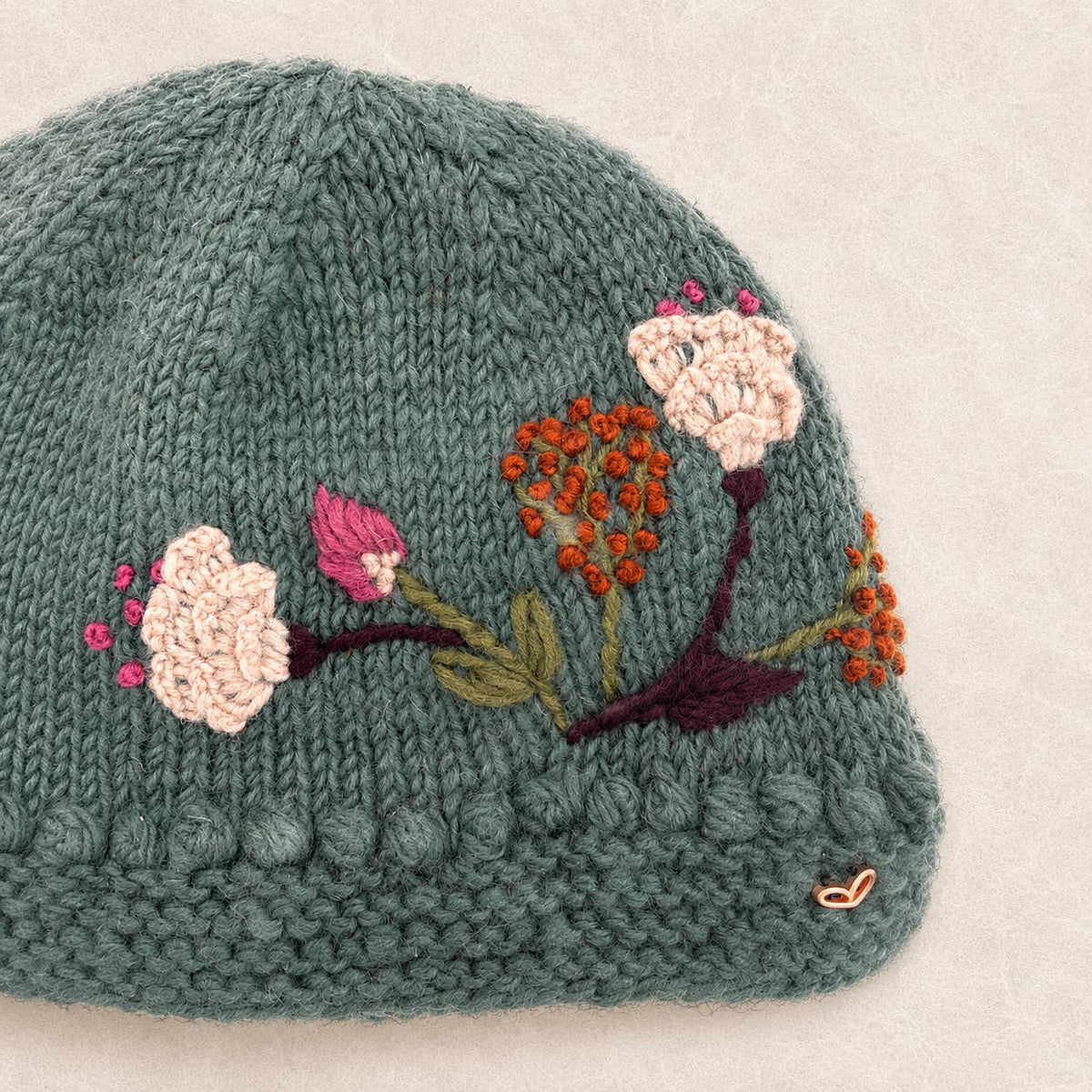 Floral Hand-Knit Wool Beanie – Blue Sage