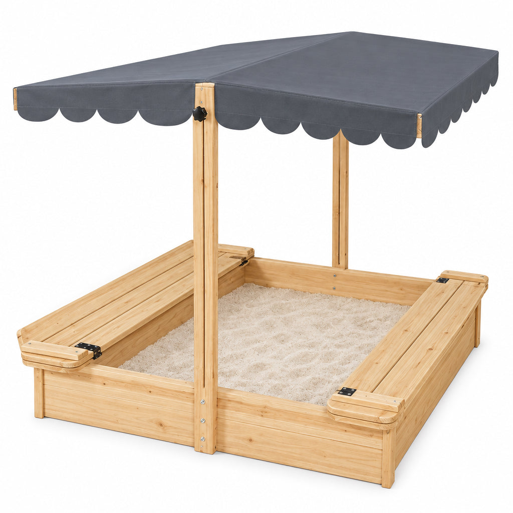RUNSHED Wooden Sandbox with Canopy & Folding Benches