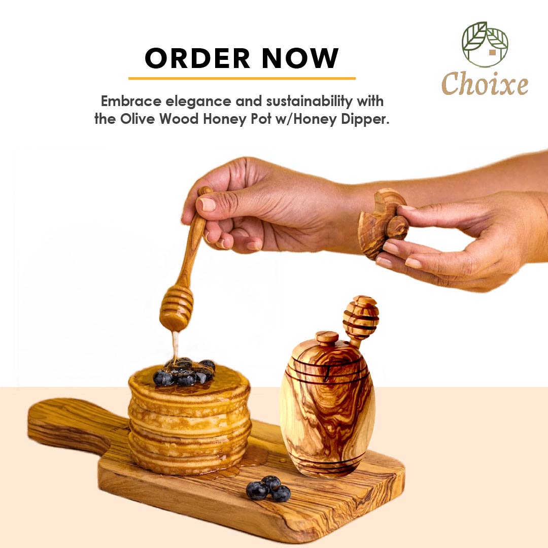 Hand-Carved Olive Wood Honey Pot with Dipper