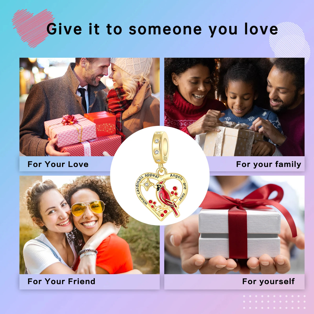 925 Sterling Silver Cardinal Bird Heart Dangle Charm Cardinals Angels Are Near Memorial Quote Pendant Fit Bracelets Jewelry Gift