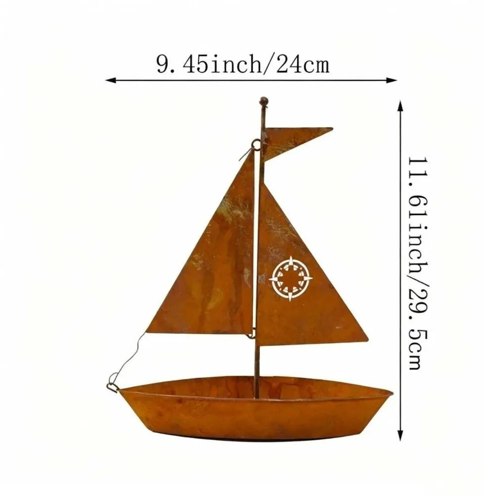 Rustic Sailboat Flower Pot Vintage Nautical Wrought Iron Metal Succulent Pots Rust-Proof Weather-Resistant Potted Planter