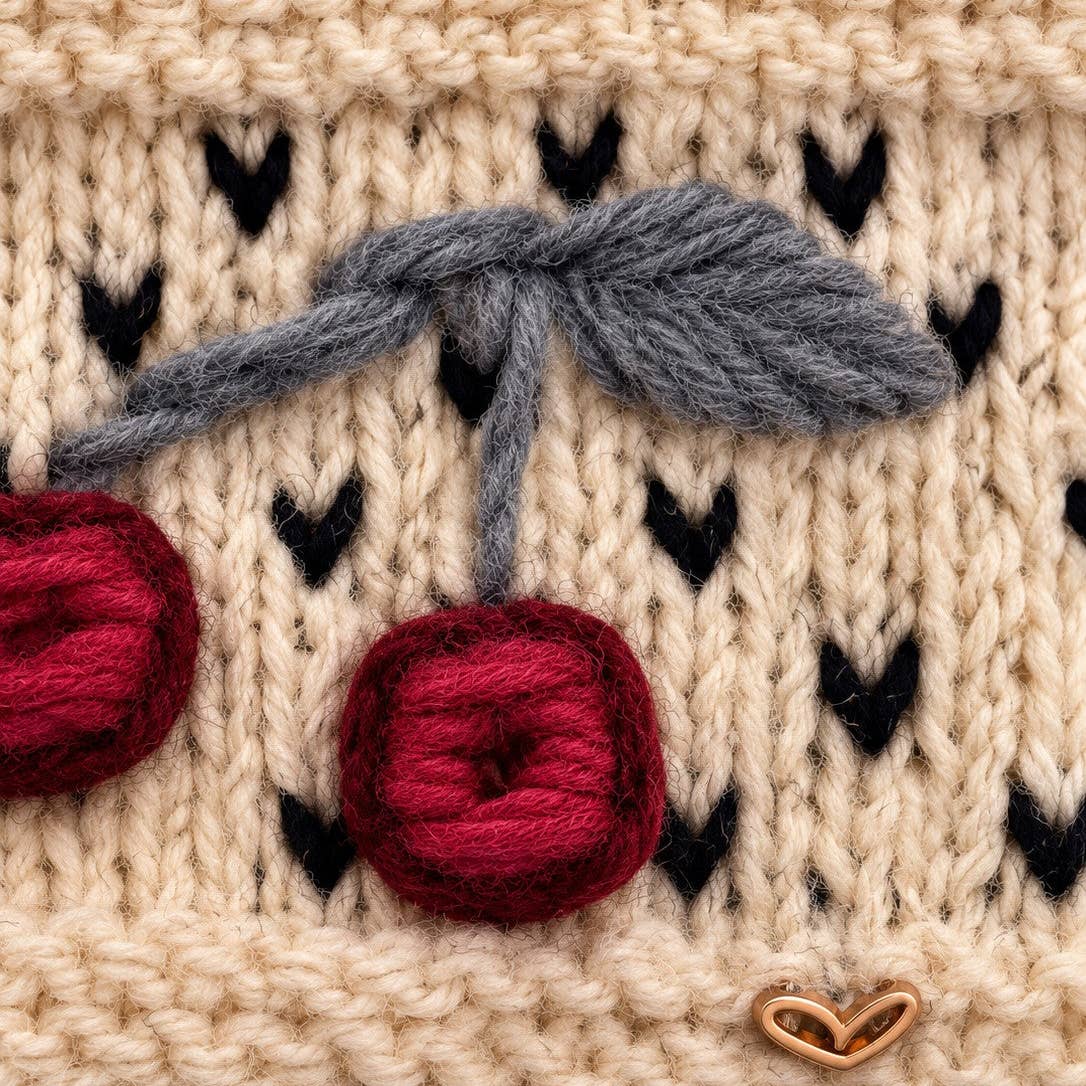 Cherry Hand-Embroidered Wool Headband with Fleece Lining