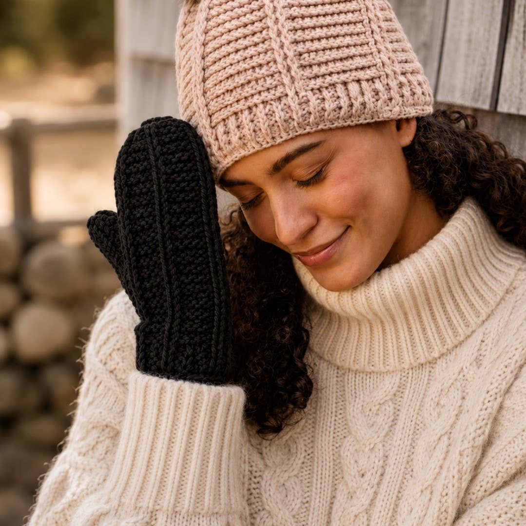 Ribbed Hand-Knit Wool Mittens with Fleece Lining