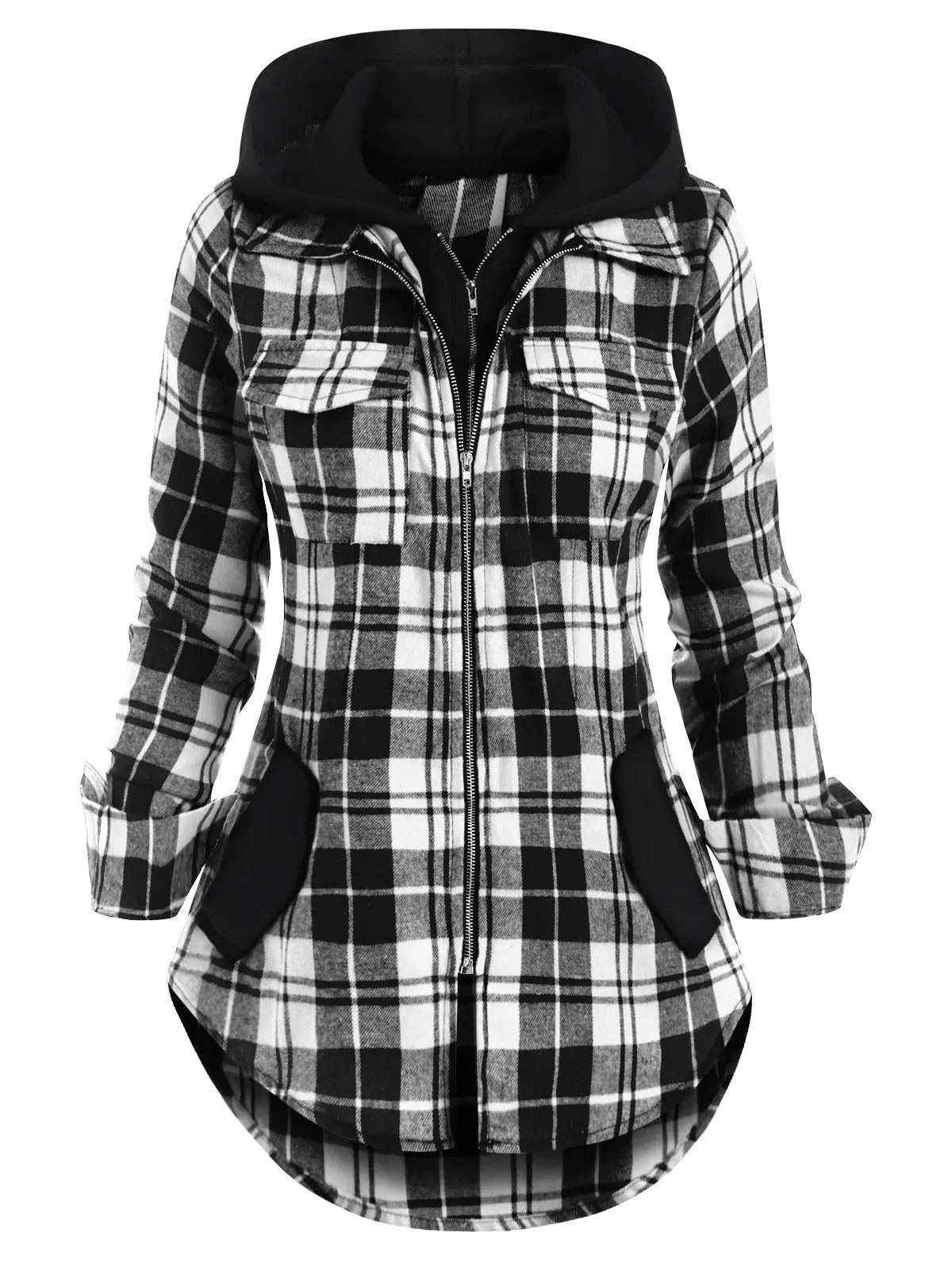 Plaid Pocket Hooded Contrast Zipper Sweatshirt