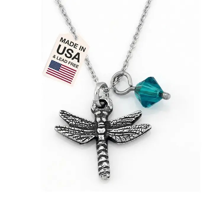 Danforth Pewter Mini Dragonfly Necklace with Aqua Crystal