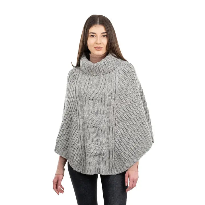 Aran Cable Knit Cowlneck Merino Poncho