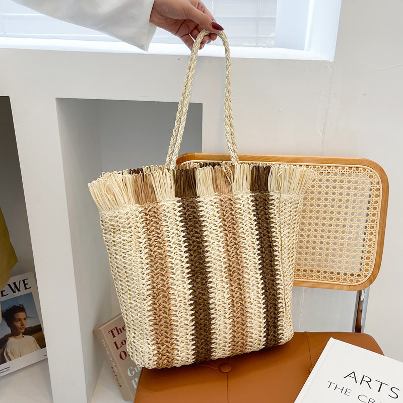 Woven Straw Stripe Tote Bag