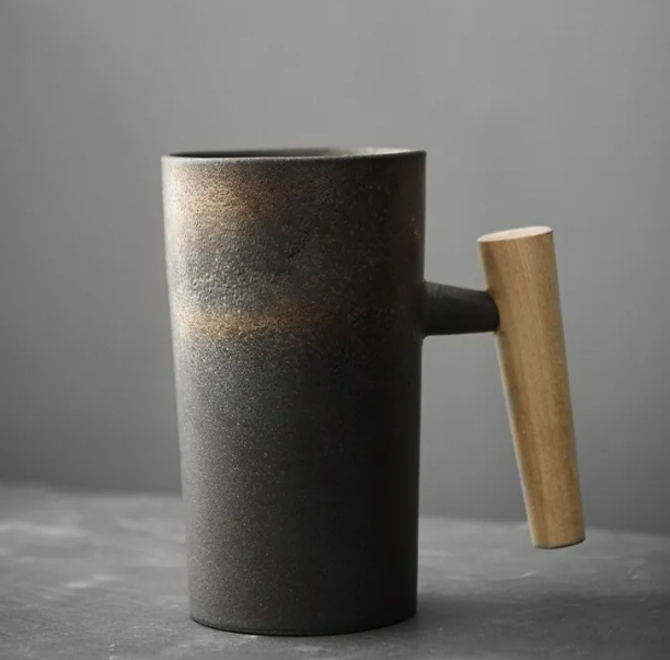 Ceramic Mugs with Wooden Handles | Set of 4