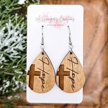Cross Birch Wood Teardrop Earrings