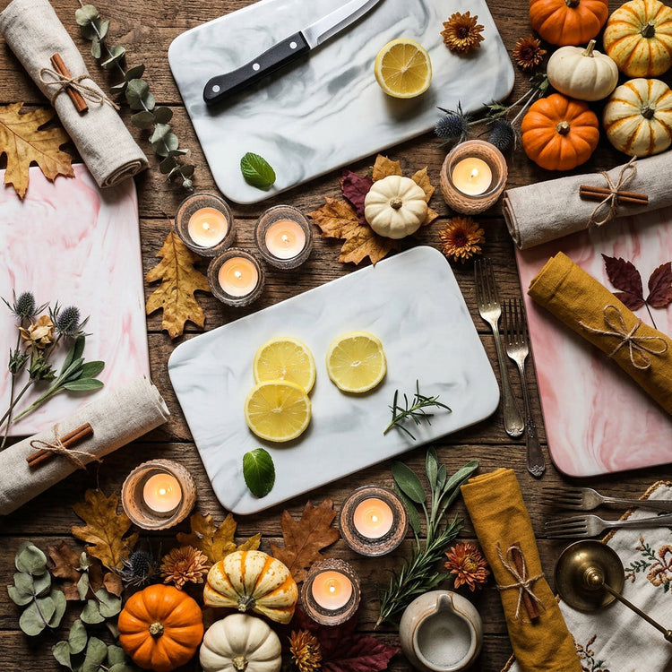 An autumn table with marble-pattern rectangular serving plates, small pumpkins, linen napkins, and candles.
