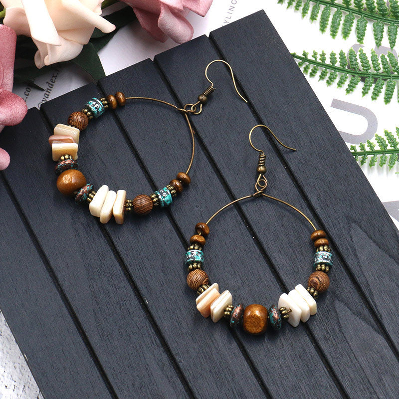 Handmade Beaded Shell Wood Hoop Earrings