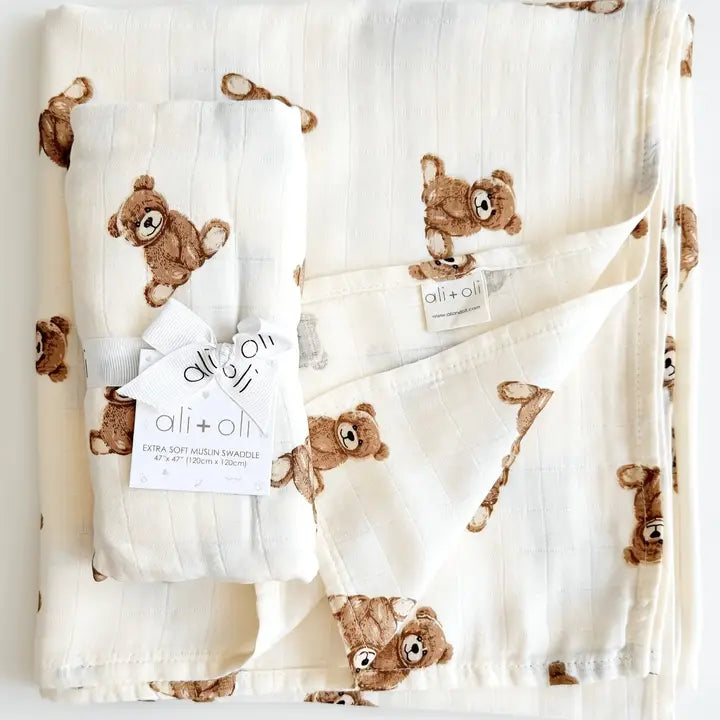 Ali+Oli Teddy Bear Muslin Swaddle Blankets, Set of 2