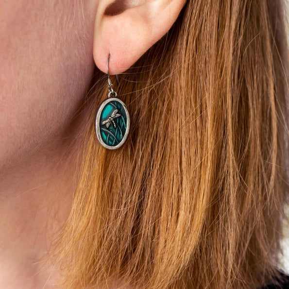 Teal Dragonfly Pewter Dangle Earrings
