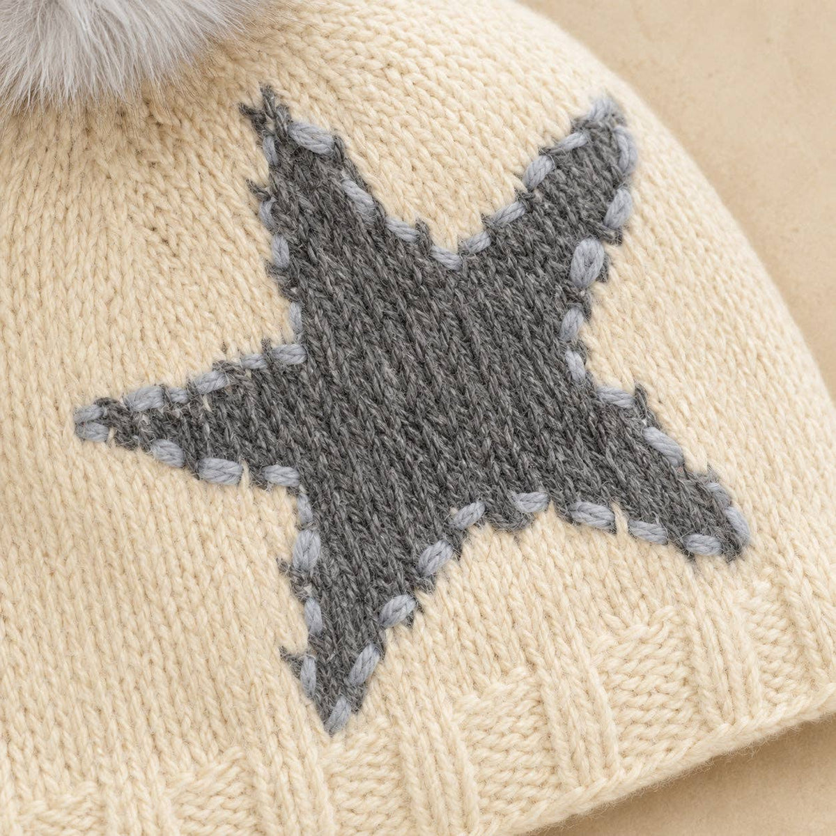 Star Embroidered Hand-Knit Wool Pom Beanie-fleece lined