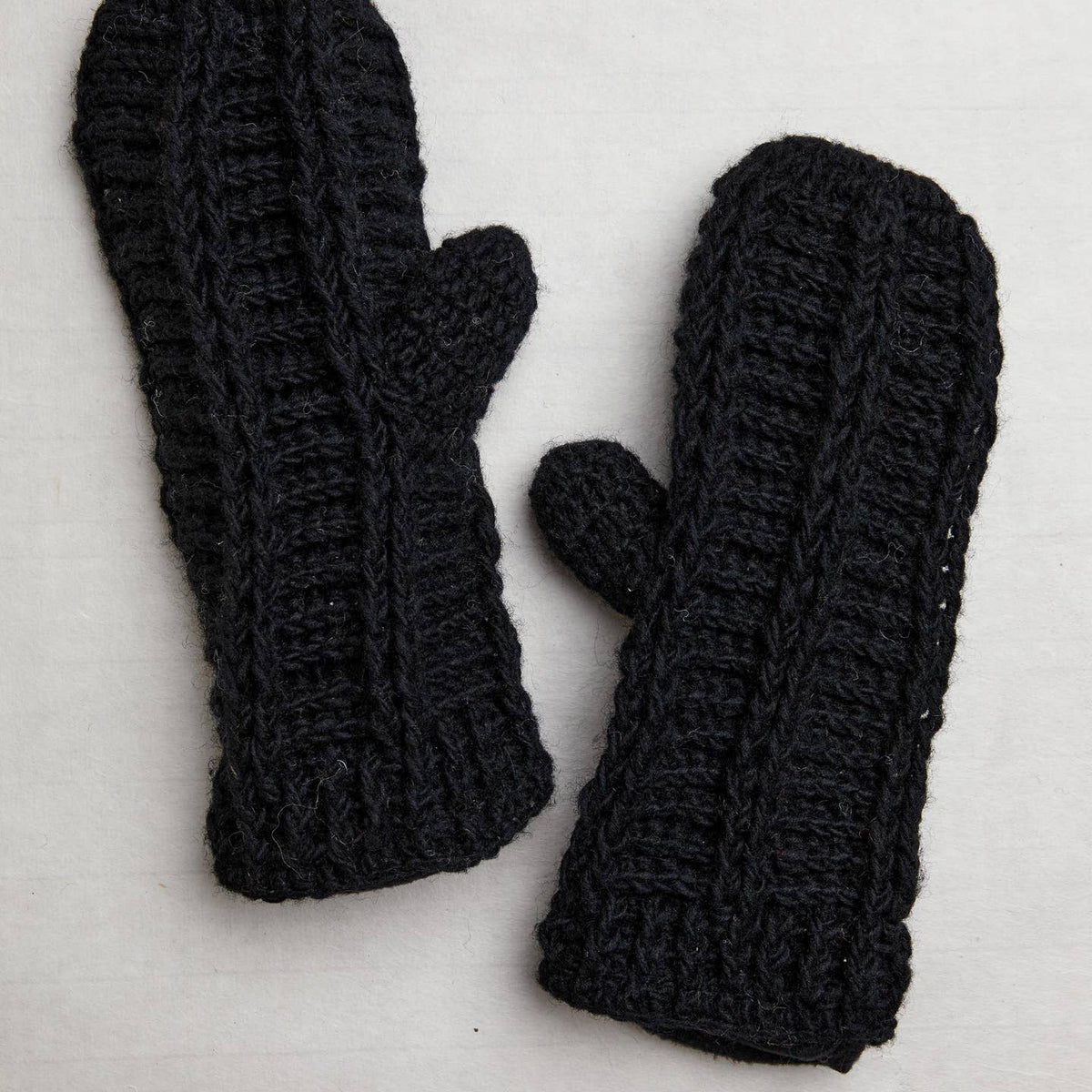 Ribbed Hand-Knit Wool Mittens with Fleece Lining