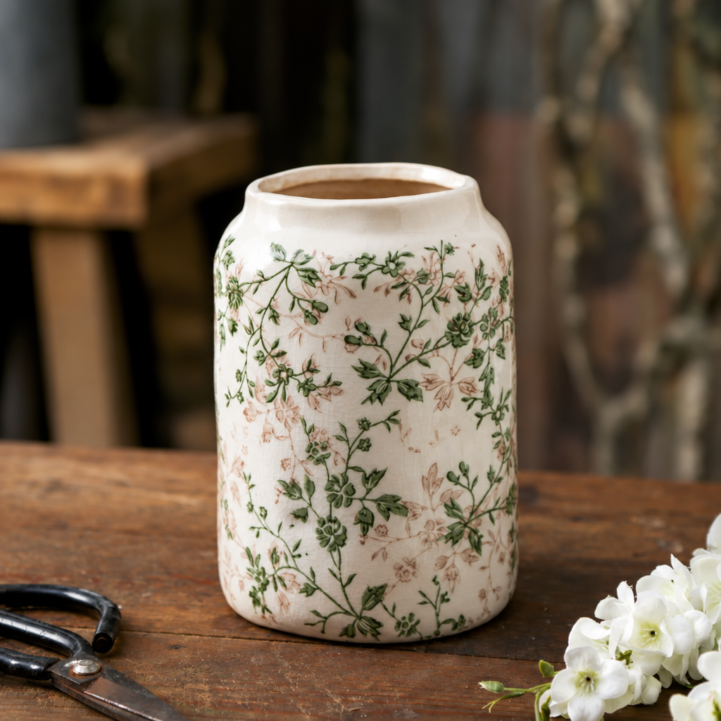 Vintage-Inspired Green Ceramic Vase