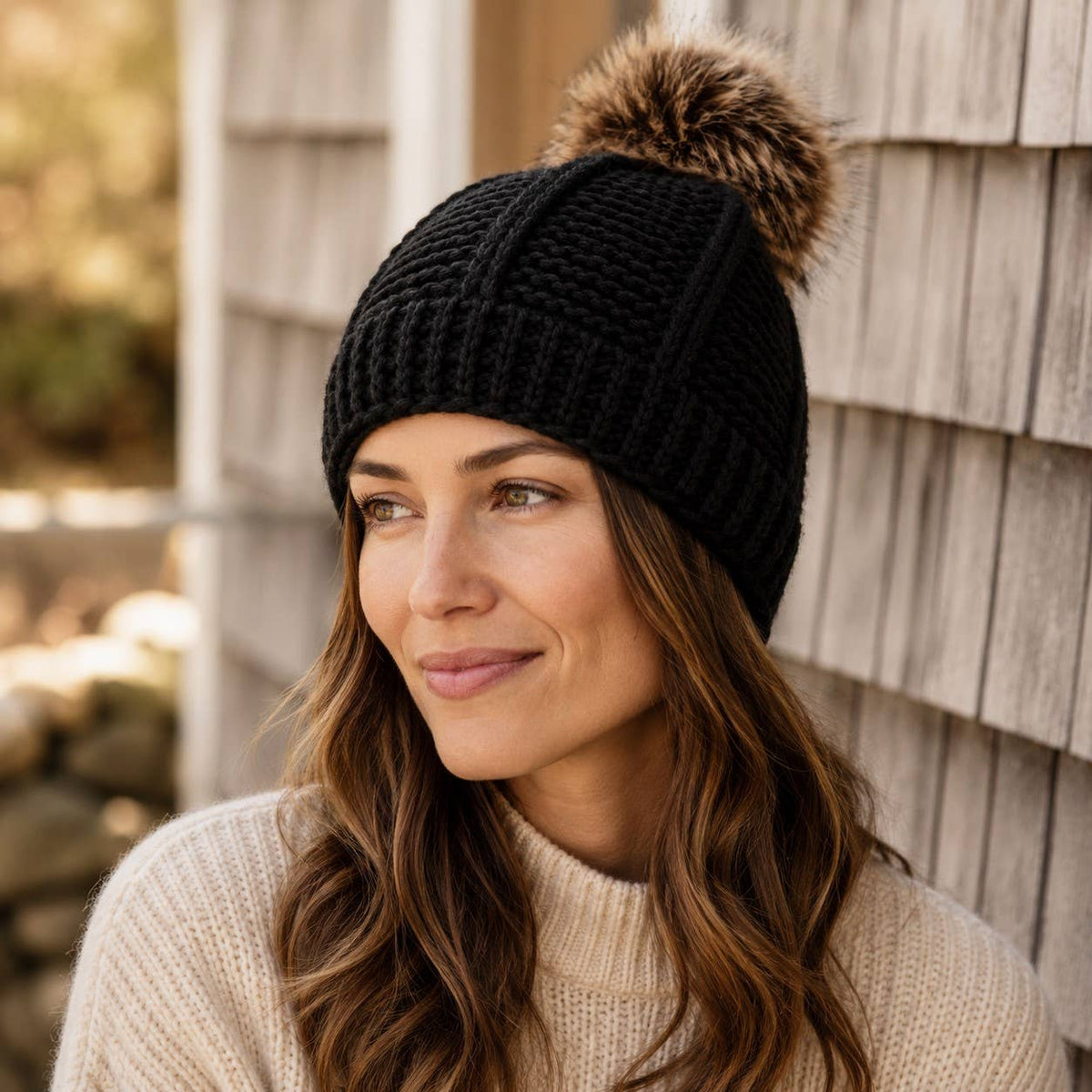 Ribbed Hand-Knit Wool Pom Beanie with Fleece Lining