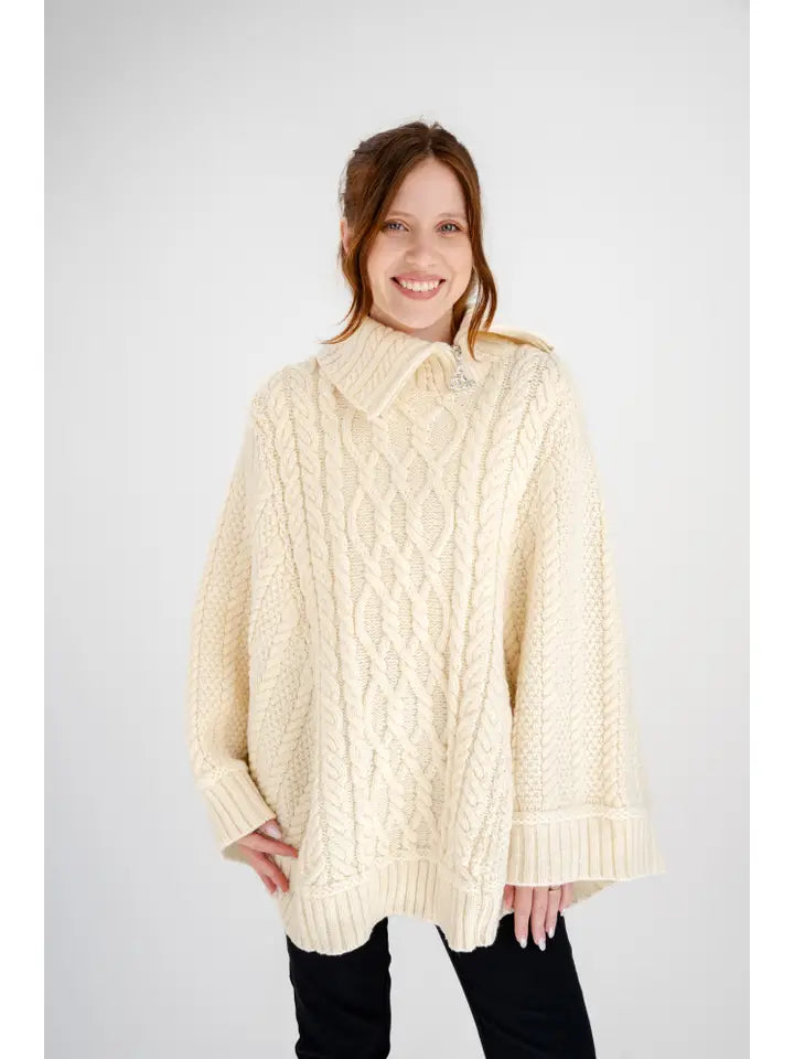Merino Wool Aran Cowl Neck Zip Poncho