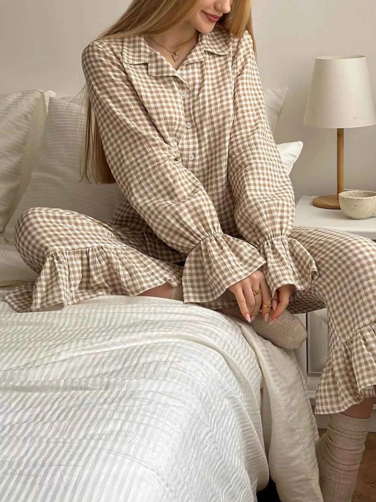 Cotton Gingham Ruffle-Trim Top & Pants Lounge Set