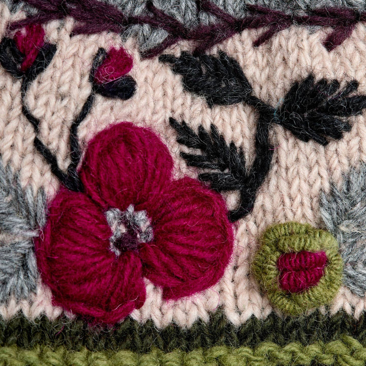Floral Hand-Knit Wool Headband with Fleece Lining