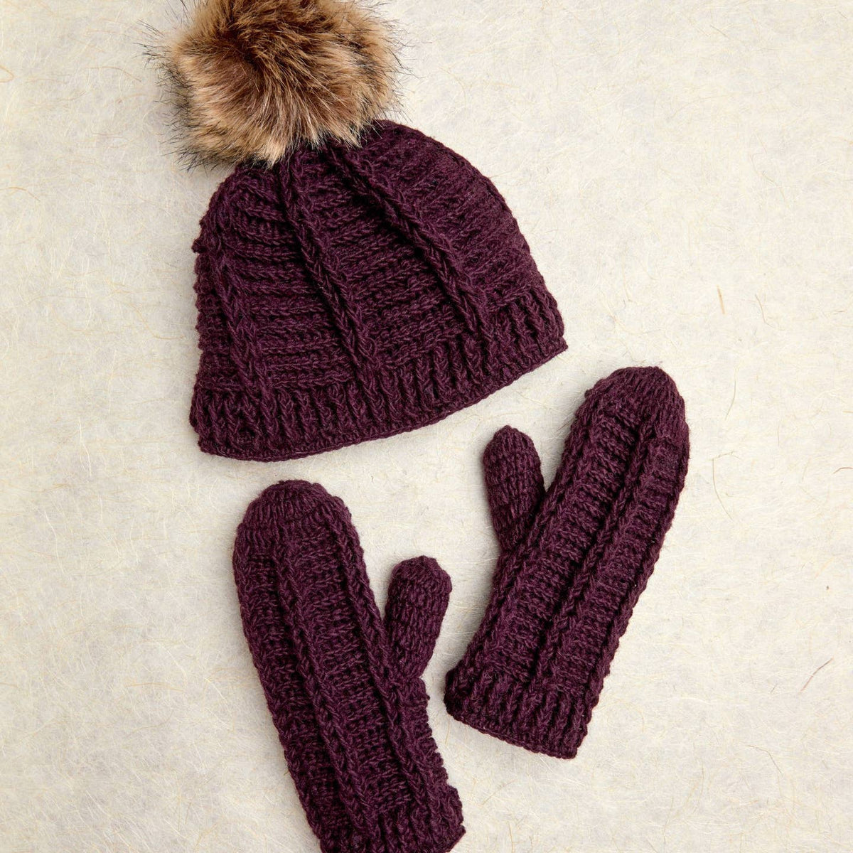 Ribbed Hand-Knit Wool Mittens with Fleece Lining