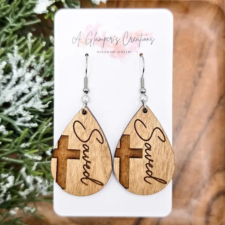 Cross Birch Wood Teardrop Earrings
