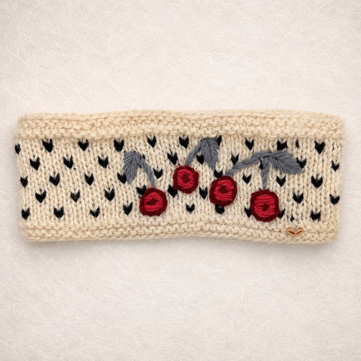 Cherry Hand-Embroidered Wool Headband with Fleece Lining