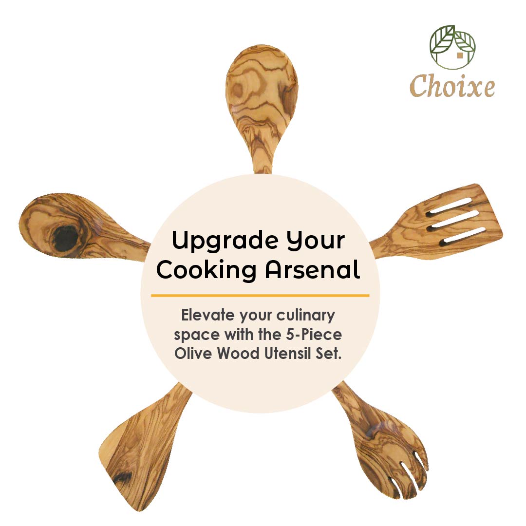 Hand-Carved Olive Wood Kitchen Utensil Set | 5 Pieces