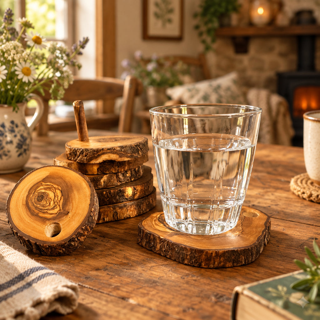 Hand-Carved Olive Wood Coaster Set with Holder, Set of 6