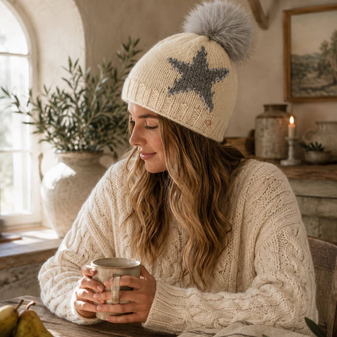 Star Embroidered Hand-Knit Wool Pom Beanie-fleece lined