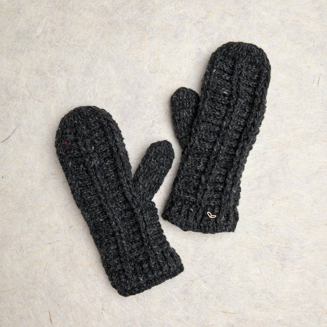 Ribbed Hand-Knit Wool Mittens with Fleece Lining