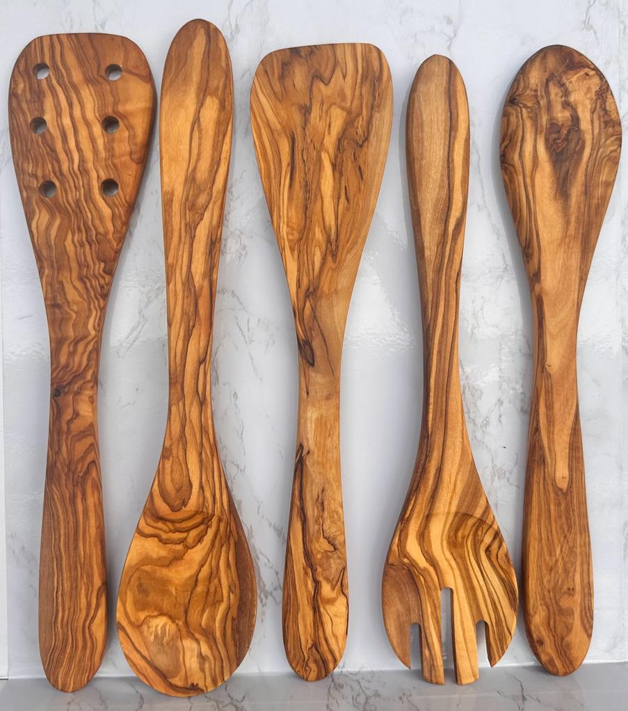 Hand-Carved Olive Wood Kitchen Utensil Set | 5 Pieces