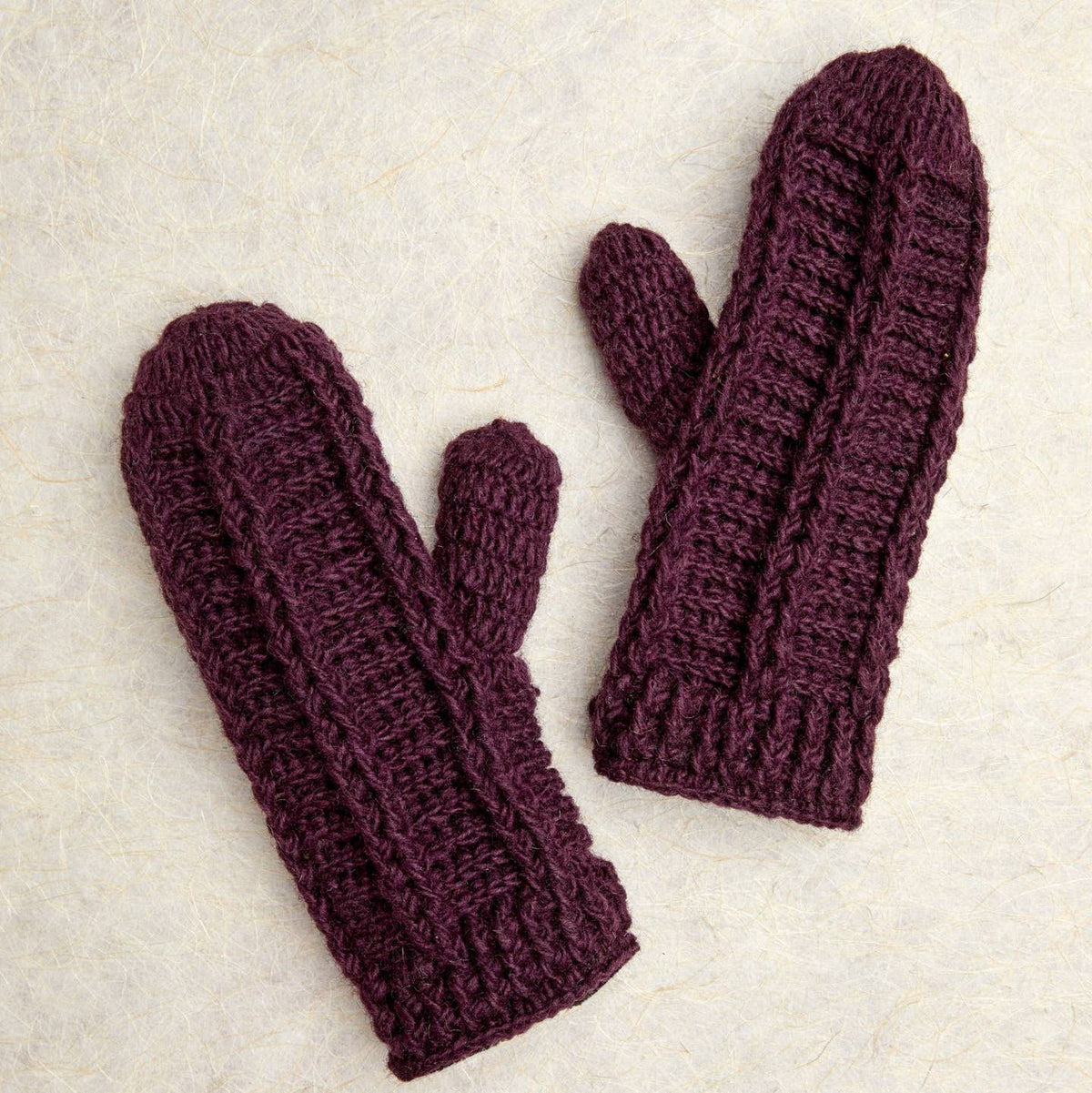 Ribbed Hand-Knit Wool Mittens with Fleece Lining