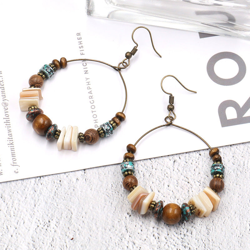 Handmade Beaded Shell Wood Hoop Earrings