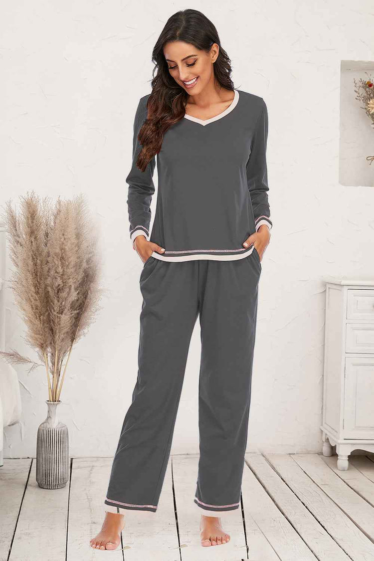 Cotton-Blend V-Neck Top & Pants Lounge Set