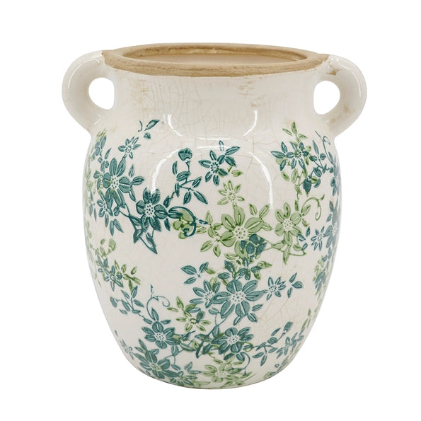 Floral Twin-Handle Ceramic Vase
