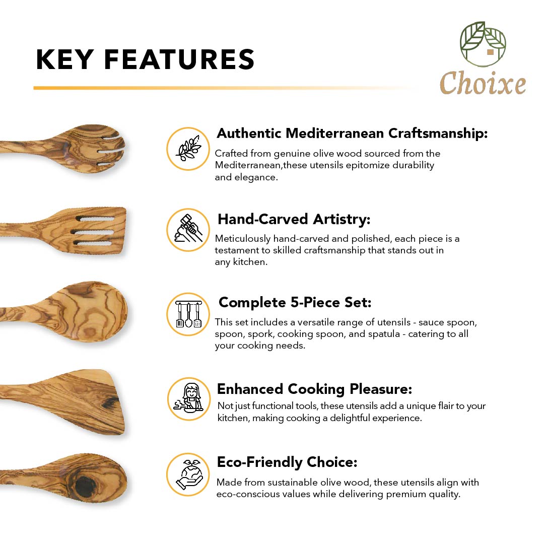 Hand-Carved Olive Wood Kitchen Utensil Set | 5 Pieces