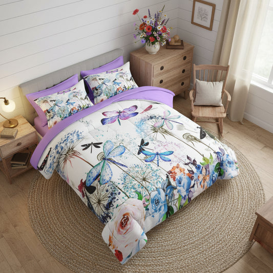 Dragonfly & Bloom 7-Piece King Comforter Set | Purple Rose & Hydrangea