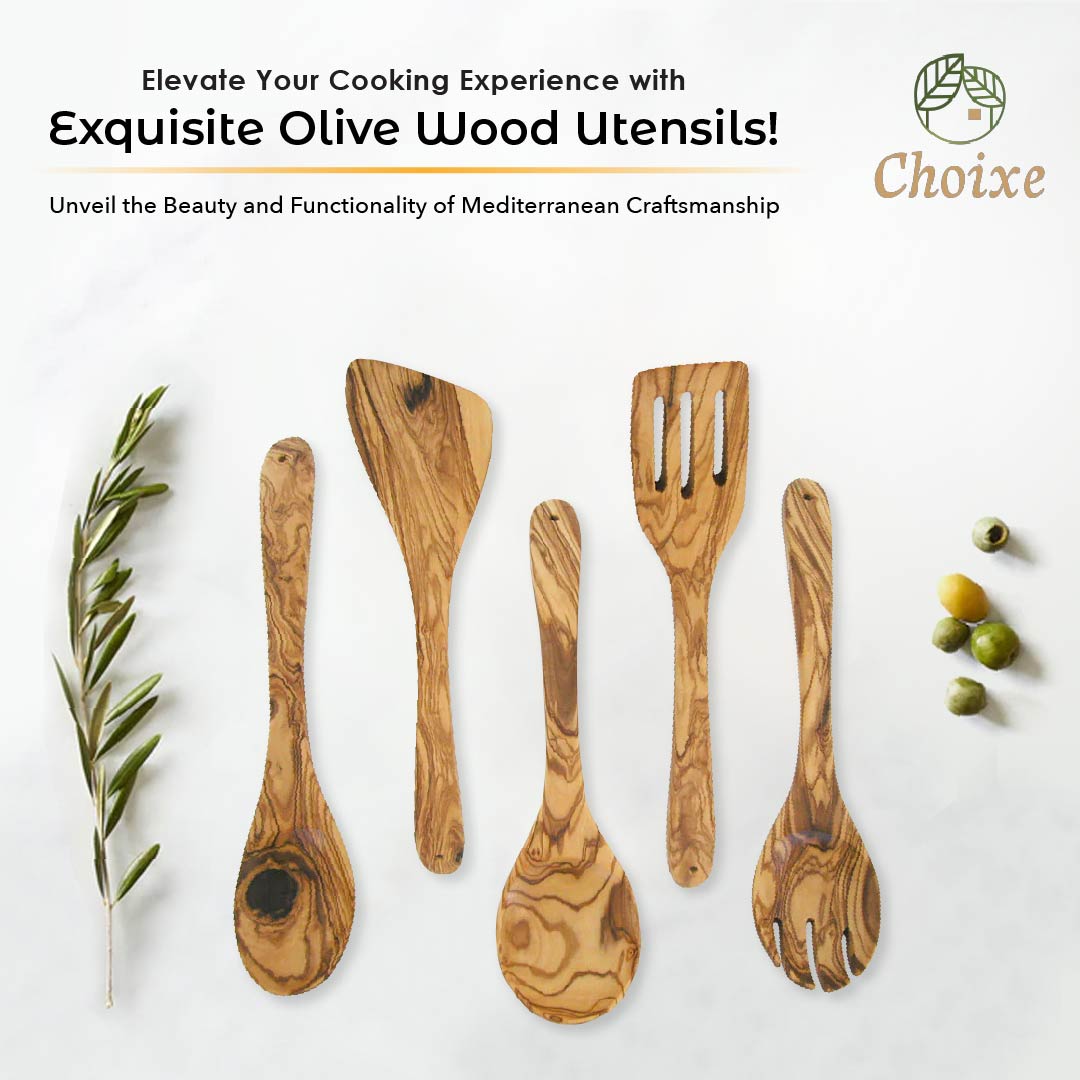 Hand-Carved Olive Wood Kitchen Utensil Set | 5 Pieces