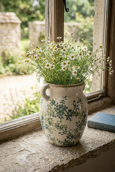 Floral Twin-Handle Ceramic Vase