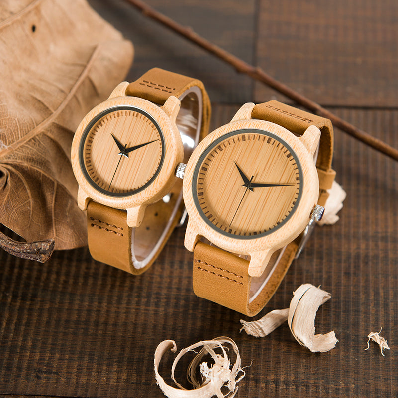 BOBO BIRD Genuine Leather Bamboo Wood Couple Watch