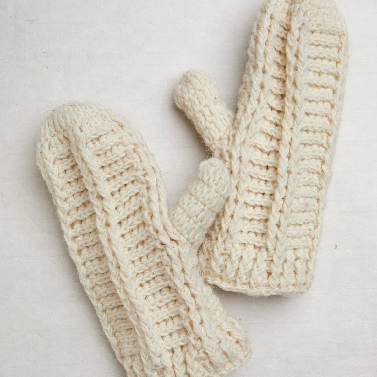 Ribbed Hand-Knit Wool Mittens with Fleece Lining