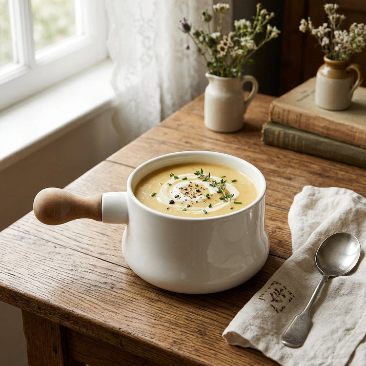 Bone China Soup Bowl with Wooden Handle, 12.8 fl oz