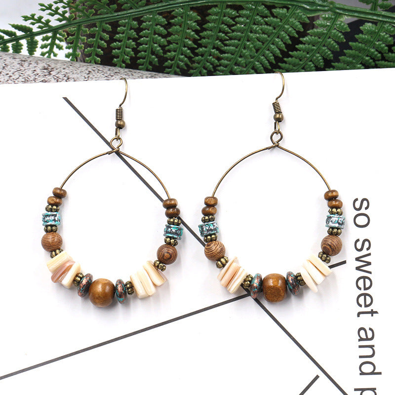 Handmade Beaded Shell Wood Hoop Earrings